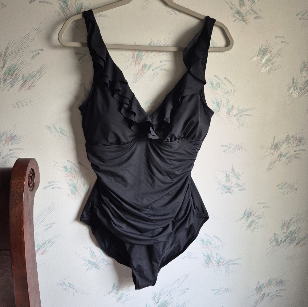 Lauren Ralph Lauren Black Ruffle V-Neck One-Piece Swimsuit LRL